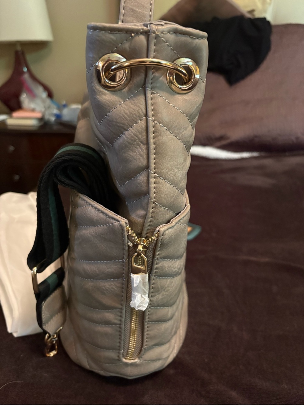 Quilted Tote Bag in Taupe - Women's Shoulder/crossbody Bag with Sm inside bag - Picture 4 of 10
